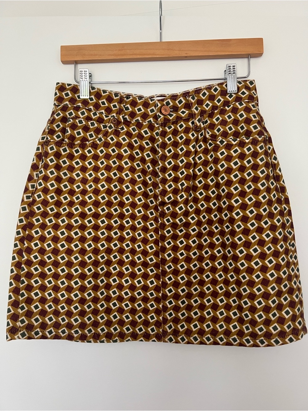 Reformation Geo-Print Mini Skirt in Brown, Mustard & Cream
